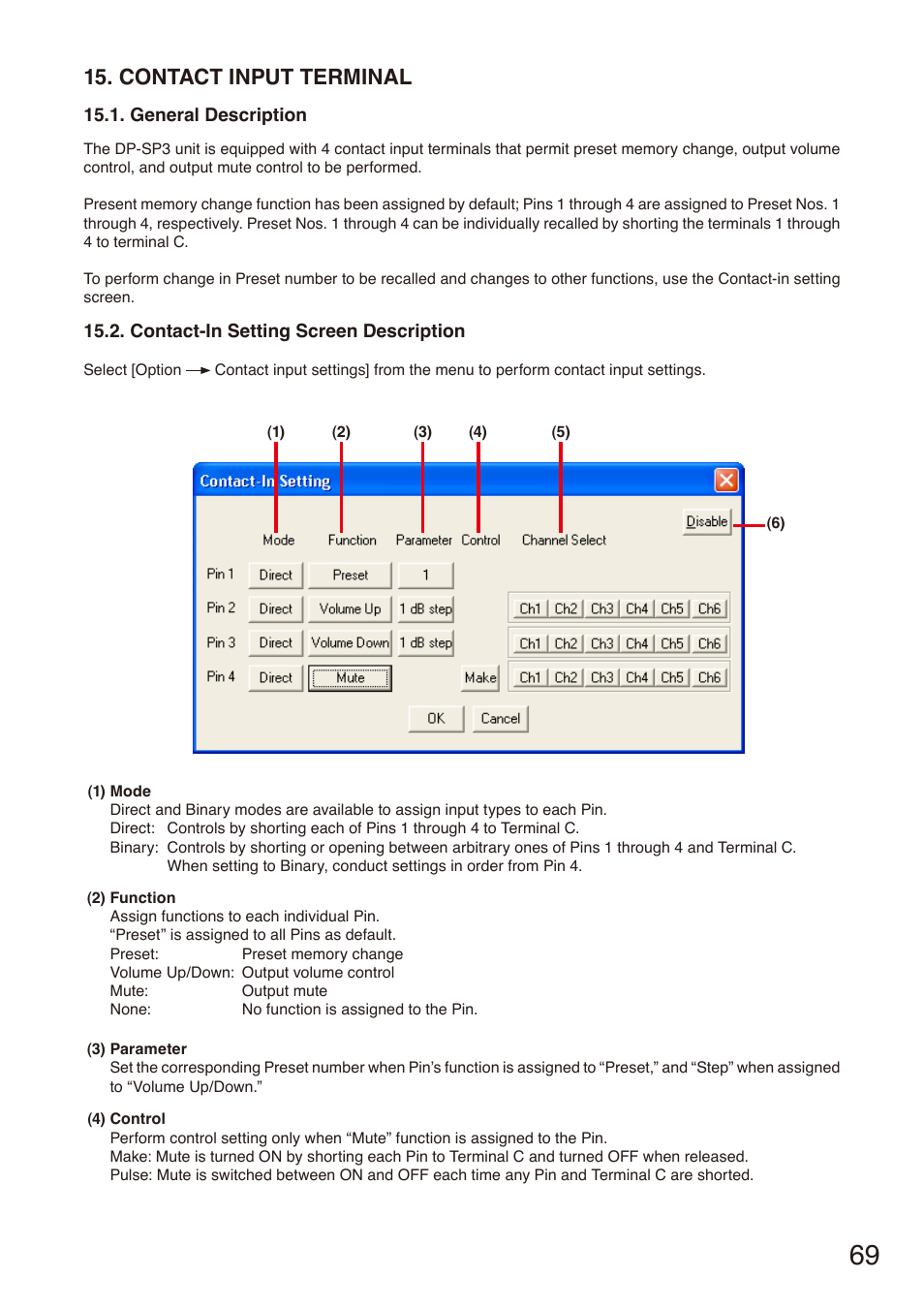 Contact input terminal, General description, Contact-in setting screen description | Toa DP-SP3 User Manual | Page 69 / 75