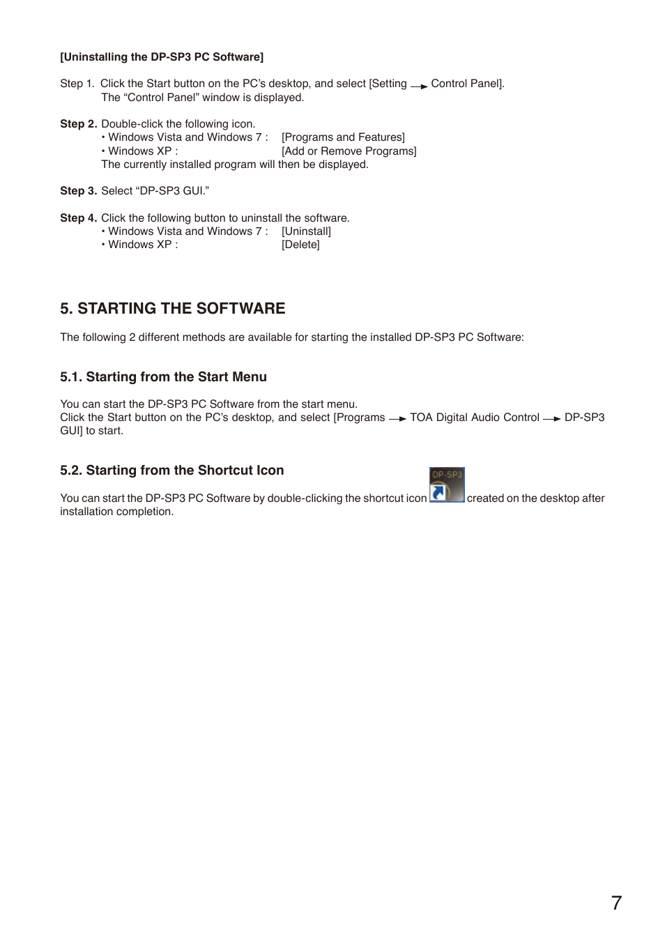 Starting the software, Starting from the start menu, Starting from the shortcut icon | Toa DP-SP3 User Manual | Page 7 / 75
