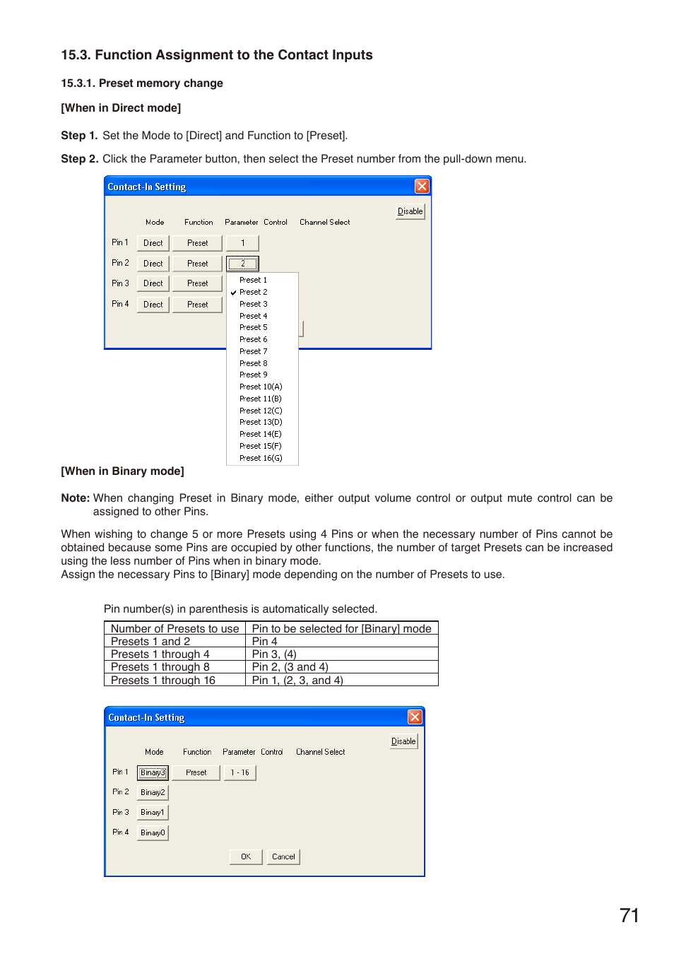 Function assignment to the contact inputs | Toa DP-SP3 User Manual | Page 71 / 75