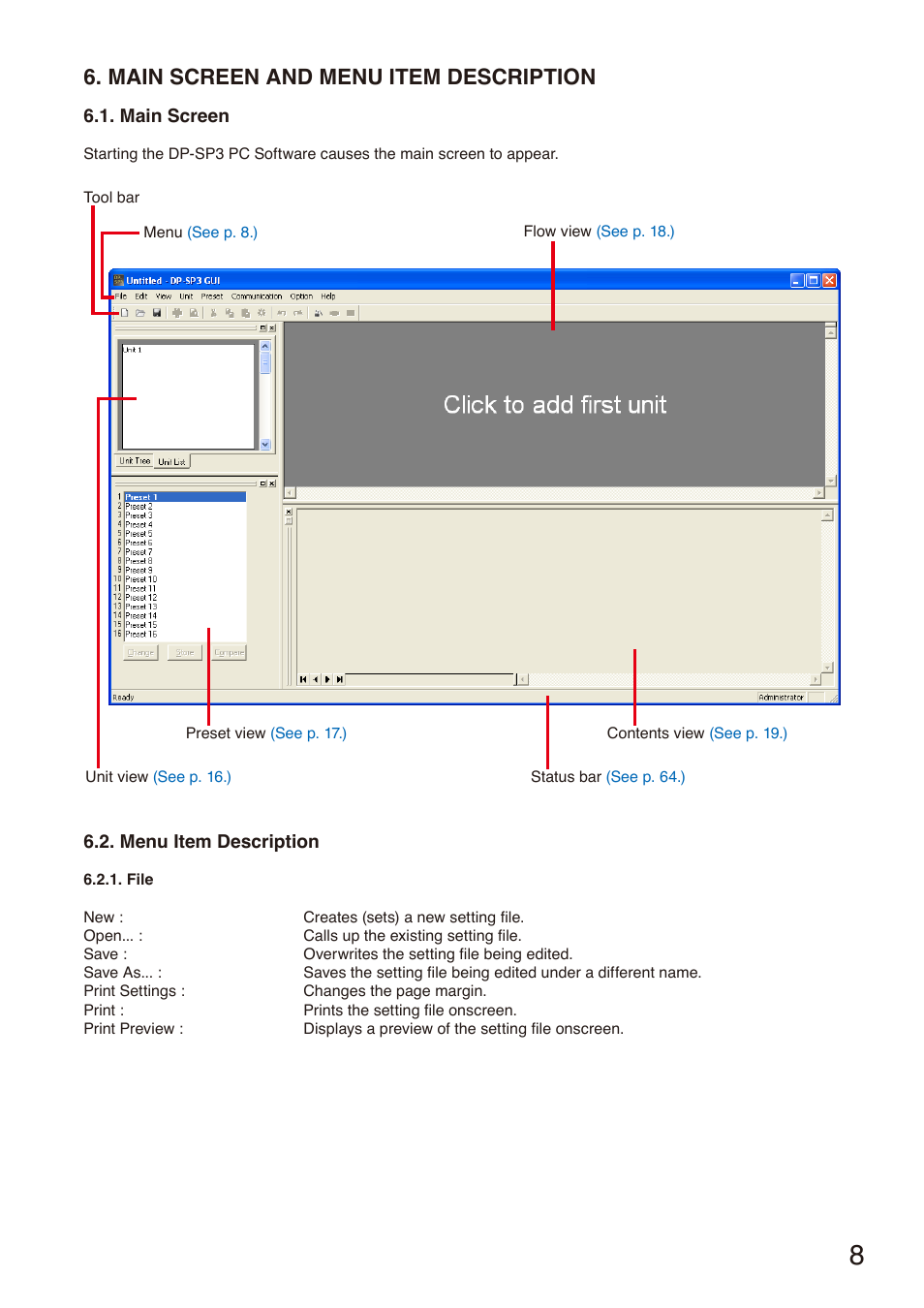 Main screen and menu item description, Main screen, Menu item description | Toa DP-SP3 User Manual | Page 8 / 75