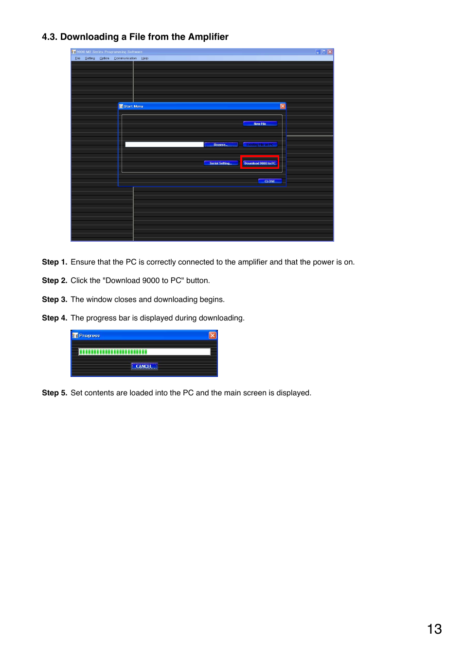 Downloading a file from the amplifier, Amplifier, P. 13 | Toa M-9000M2 CE-AU User Manual | Page 13 / 65