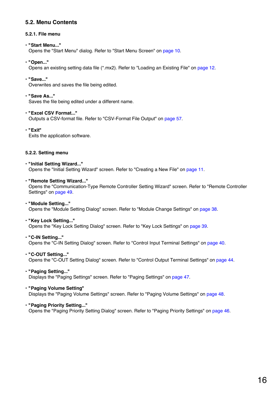 Menu contents, File menu, Setting menu | Toa M-9000M2 CE-AU User Manual | Page 16 / 65