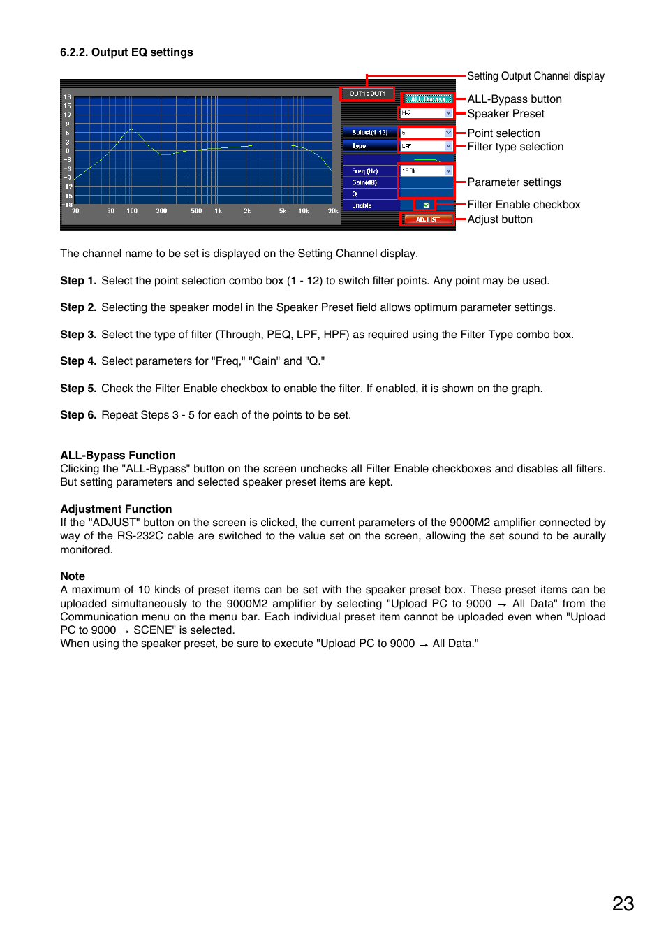 Output eq settings, Output eq settings" on | Toa M-9000M2 CE-AU User Manual | Page 23 / 65
