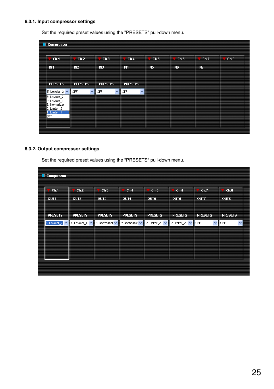 Input compressor settings, Output compressor settings, Input compressor settings" on | Output compressor settings" on | Toa M-9000M2 CE-AU User Manual | Page 25 / 65