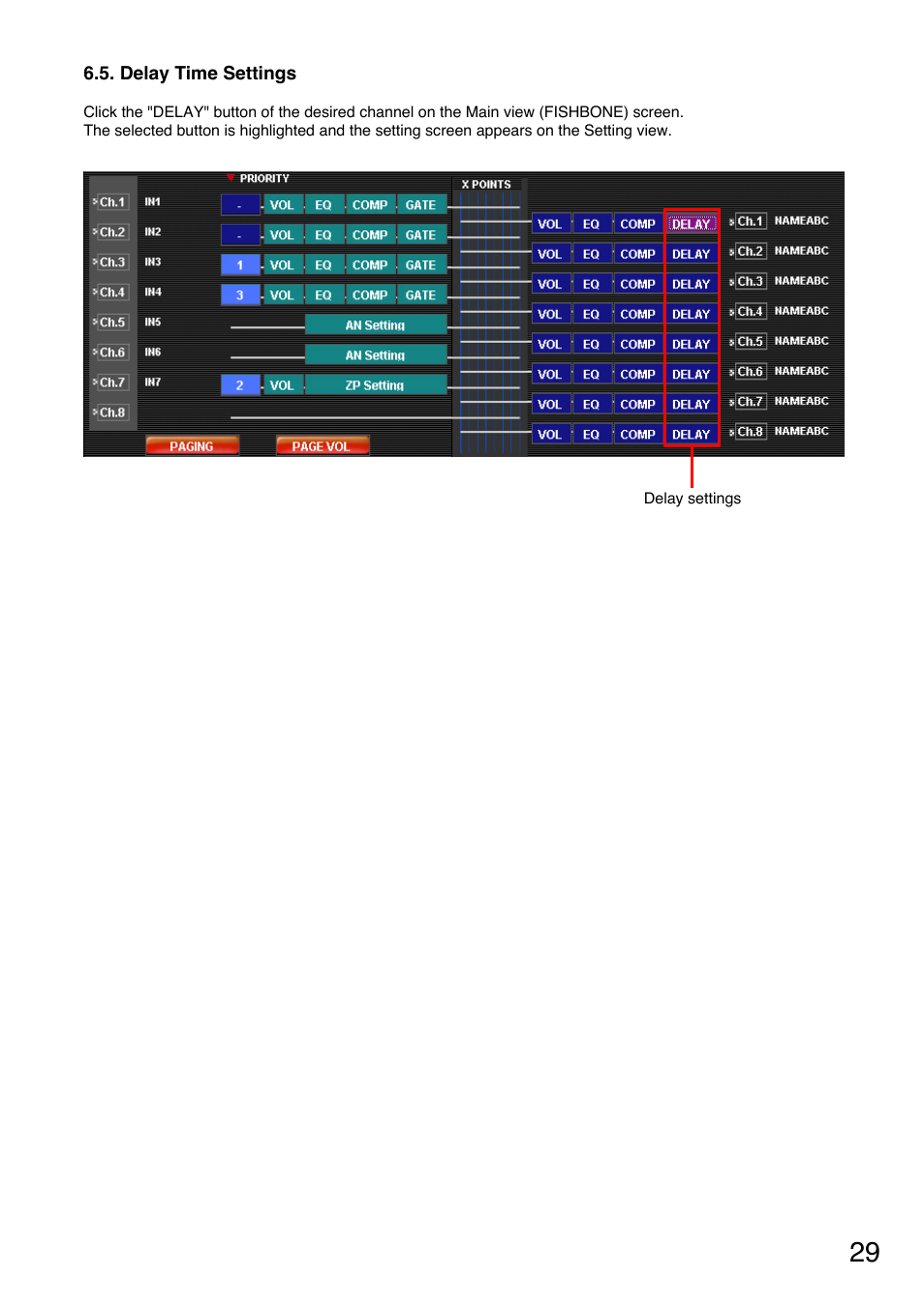 Delay time settings, Delay time settings" on | Toa M-9000M2 CE-AU User Manual | Page 29 / 65