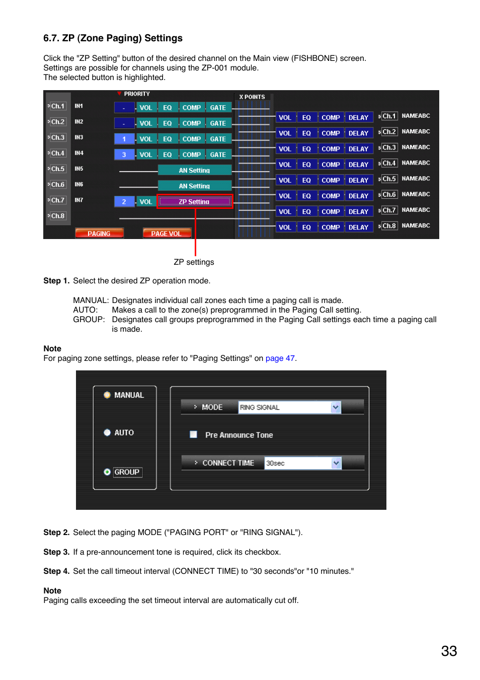 Zp (zone paging) settings, Zp (zone paging) settings" on | Toa M-9000M2 CE-AU User Manual | Page 33 / 65