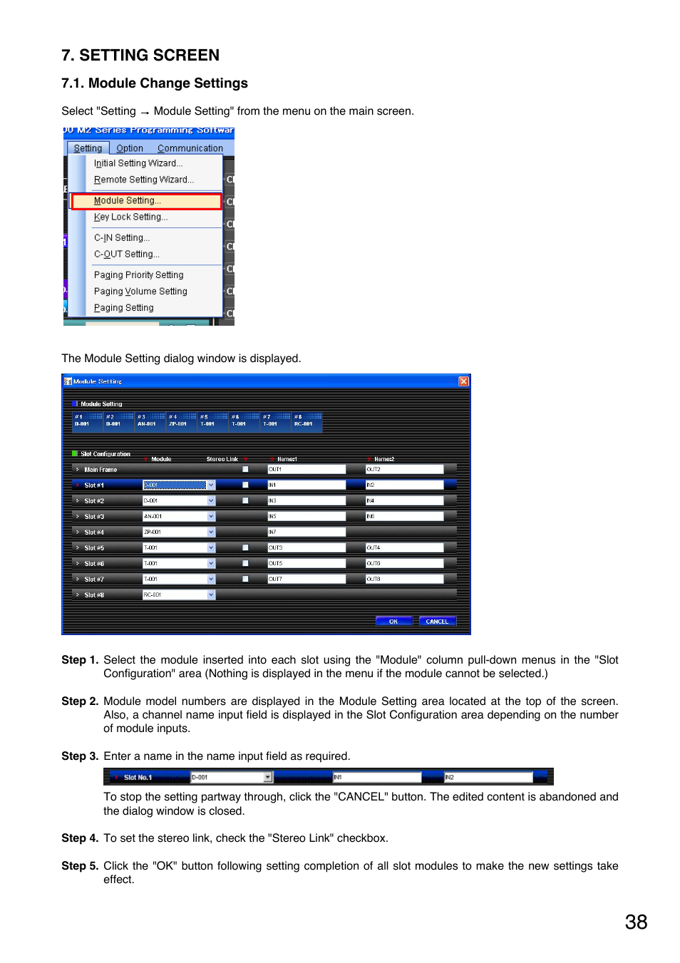 Setting screen, Module change settings | Toa M-9000M2 CE-AU User Manual | Page 38 / 65