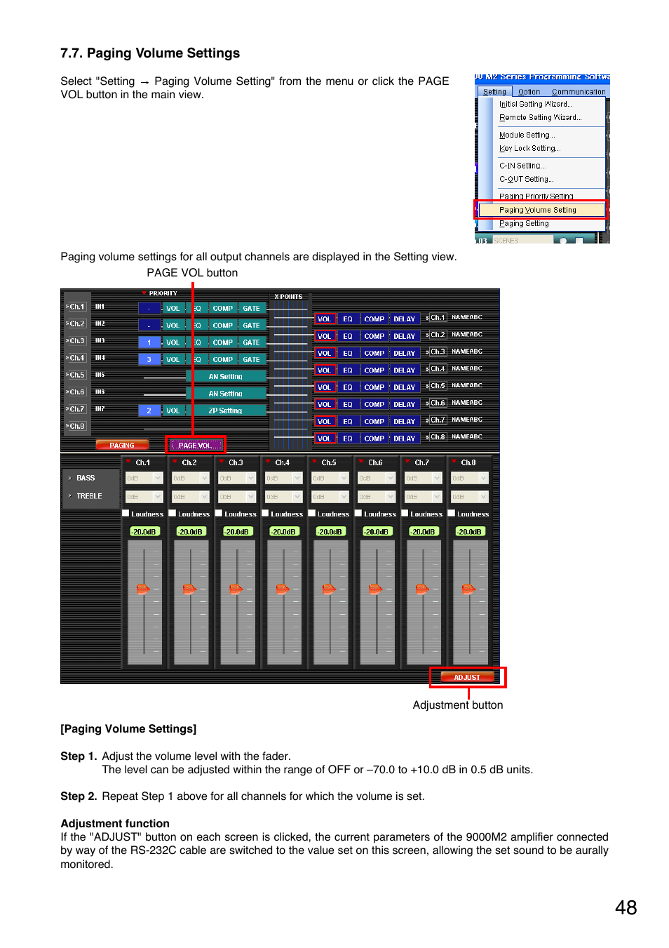 Paging volume settings, Paging volume settings" on | Toa M-9000M2 CE-AU User Manual | Page 48 / 65