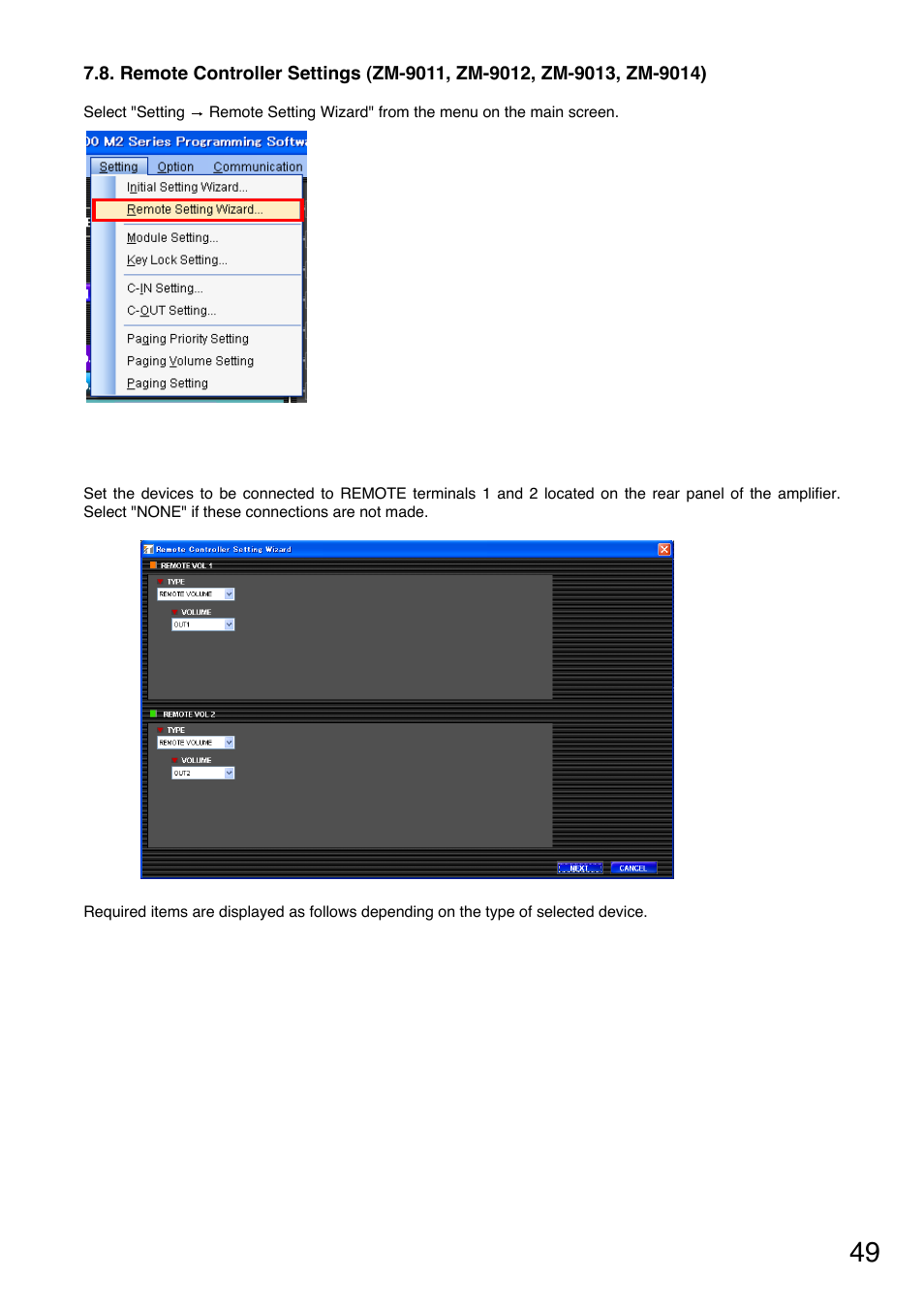 Settings" on | Toa M-9000M2 CE-AU User Manual | Page 49 / 65