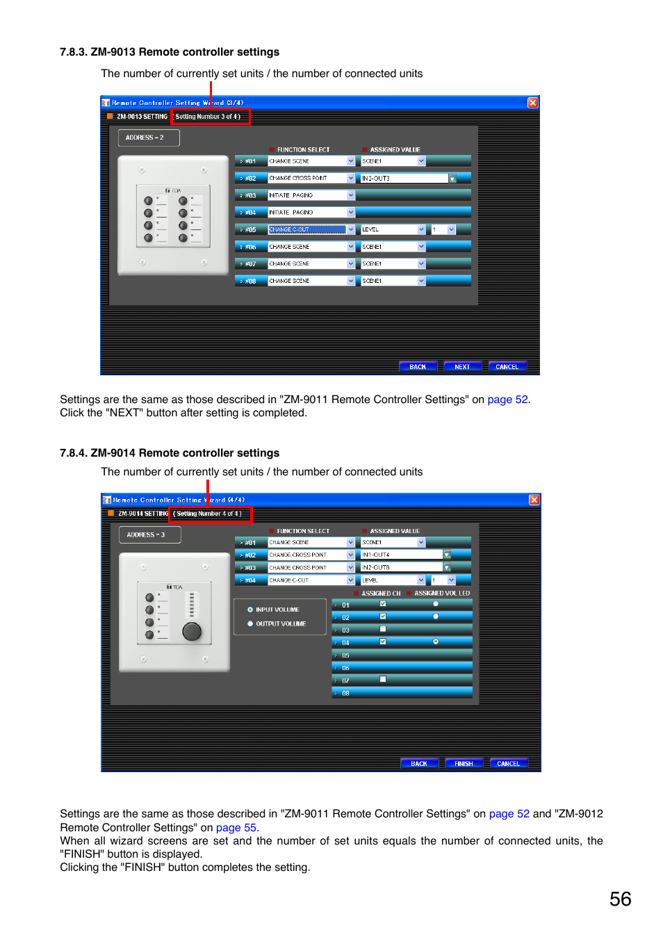 Zm-9013 remote controller settings, Zm-9014 remote controller settings | Toa M-9000M2 CE-AU User Manual | Page 56 / 65
