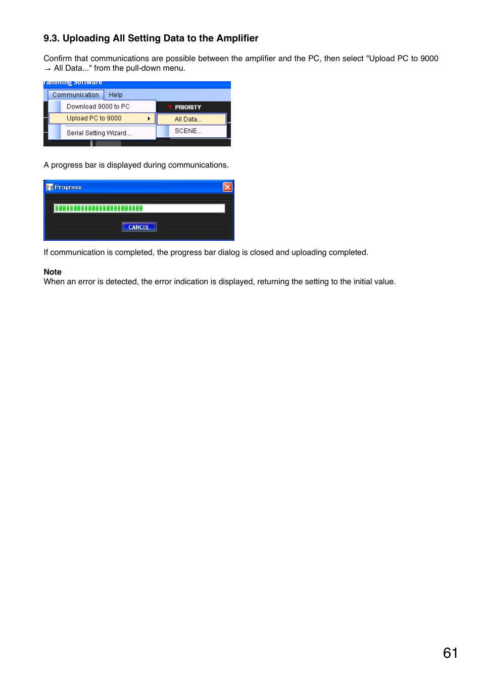 Uploading all setting data to the amplifier | Toa M-9000M2 CE-AU User Manual | Page 61 / 65