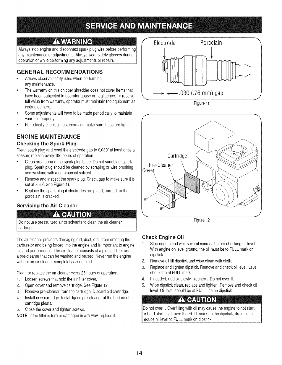 Engine maintenance, A caution, And maintenance | Caution | Craftsman 247.776370 User Manual | Page 14 / 52