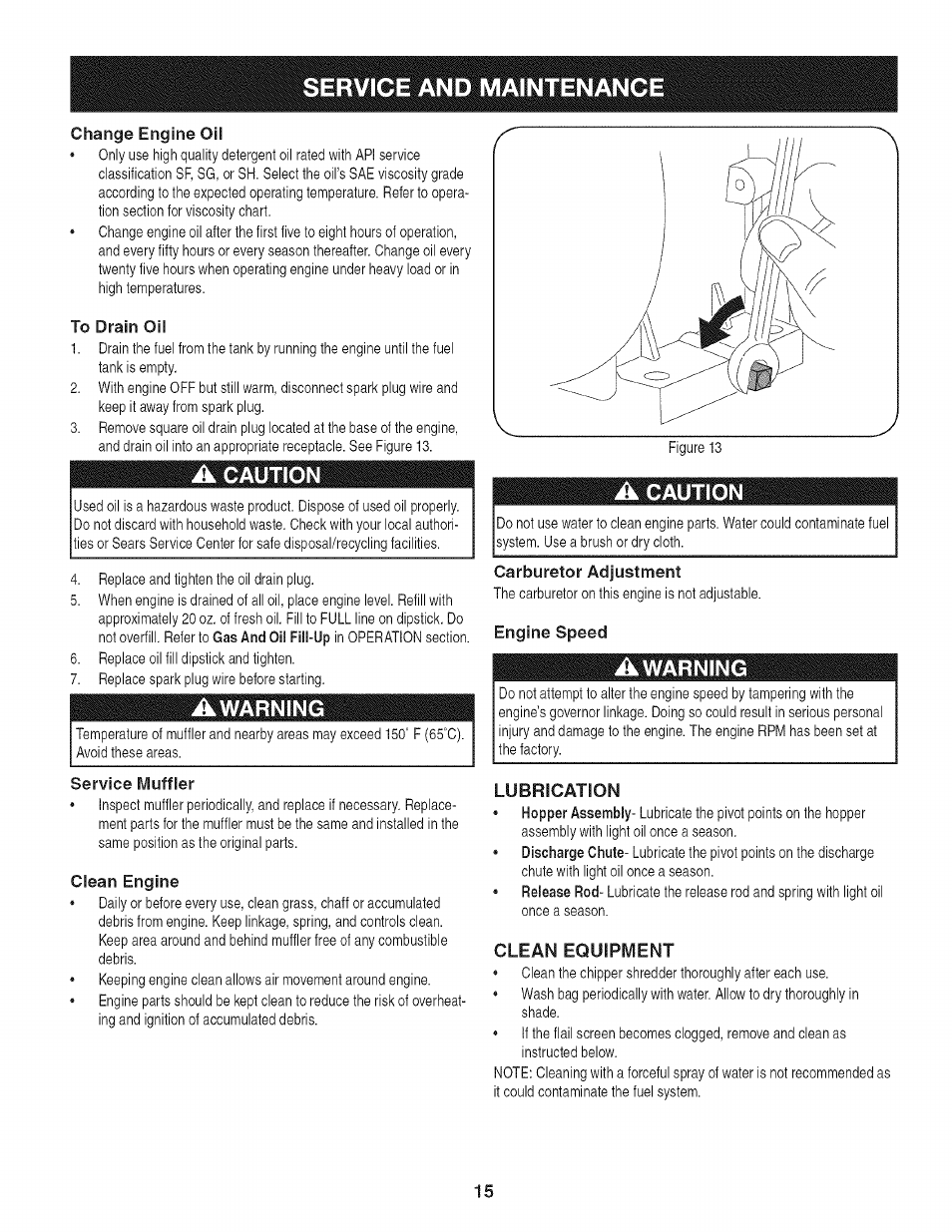 Lubrication, Clean equipment, Service and maintenance | A caution | Craftsman 247.776370 User Manual | Page 15 / 52