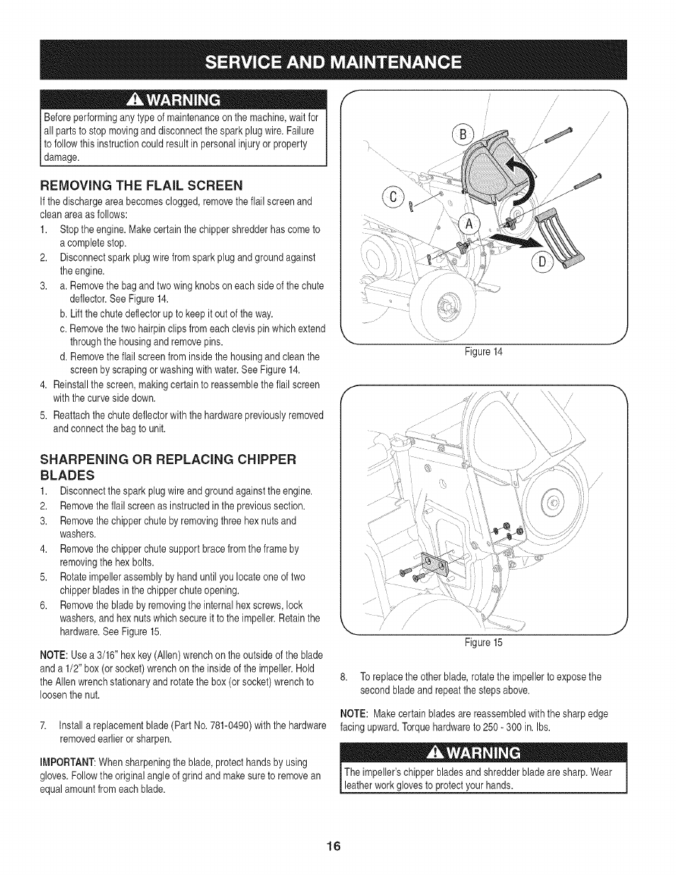 A warning, Removing the flail screen, And maintenance | Craftsman 247.776370 User Manual | Page 16 / 52