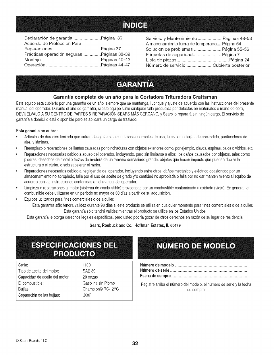 Indice, Garantia, Especificaciones del producto | Numero de modelo | Craftsman 247.776370 User Manual | Page 32 / 52