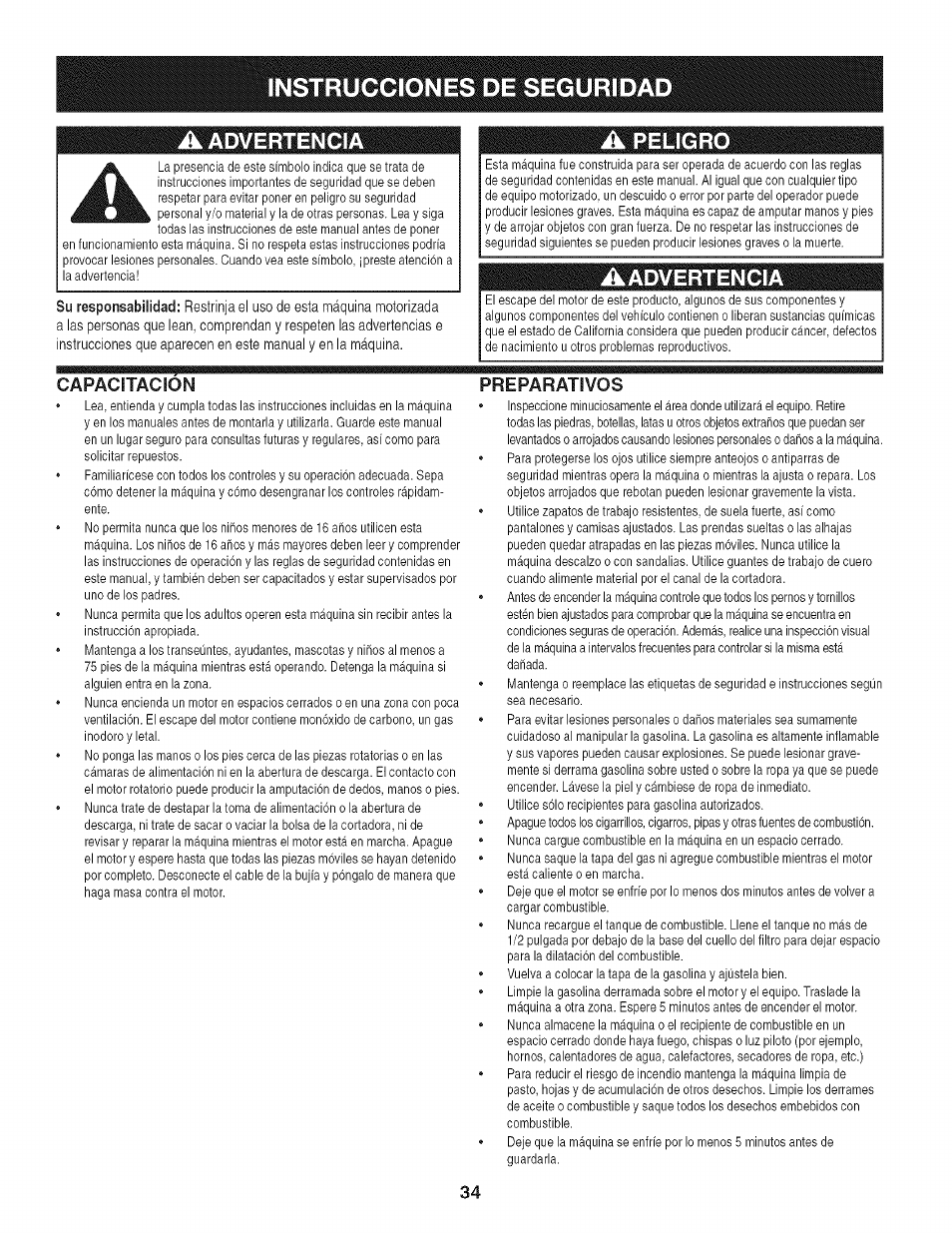 Instrucciones de seguridad, A advertencia, Aadvertencia | Peligro | Craftsman 247.776370 User Manual | Page 34 / 52