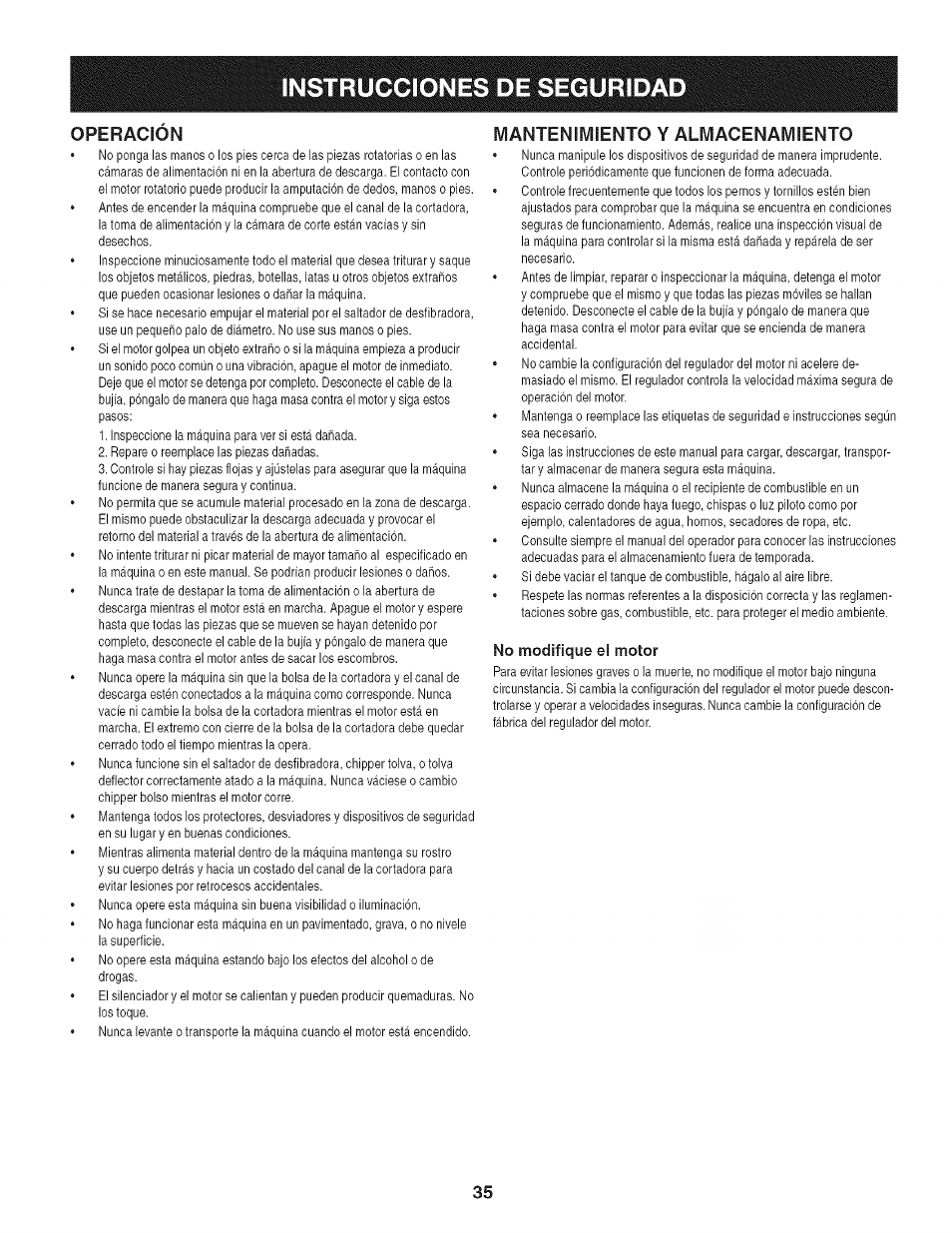 Ones de seguridad, Instrucci ones de seguridad, Operación | Mantenimiento y almacenamiento | Craftsman 247.776370 User Manual | Page 35 / 52