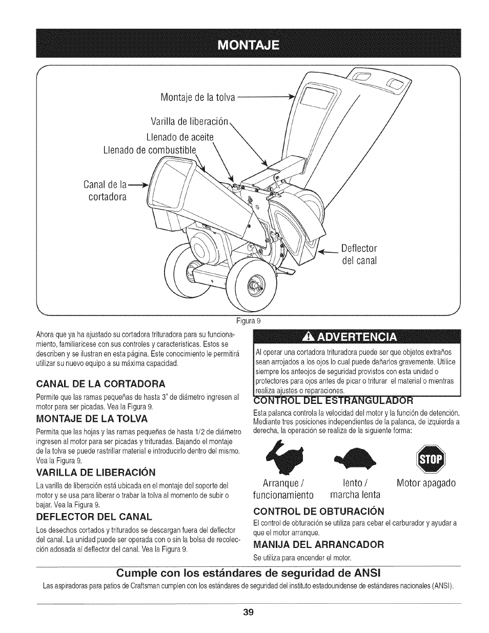 Montaje, Advertencia, Cumple con los estándares de seguridad de ansi | Craftsman 247.776370 User Manual | Page 39 / 52