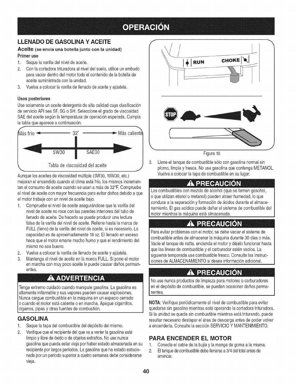 Operacion, A advertencia, A precaución | Advertencia, Precaución | Craftsman 247.776370 User Manual | Page 40 / 52