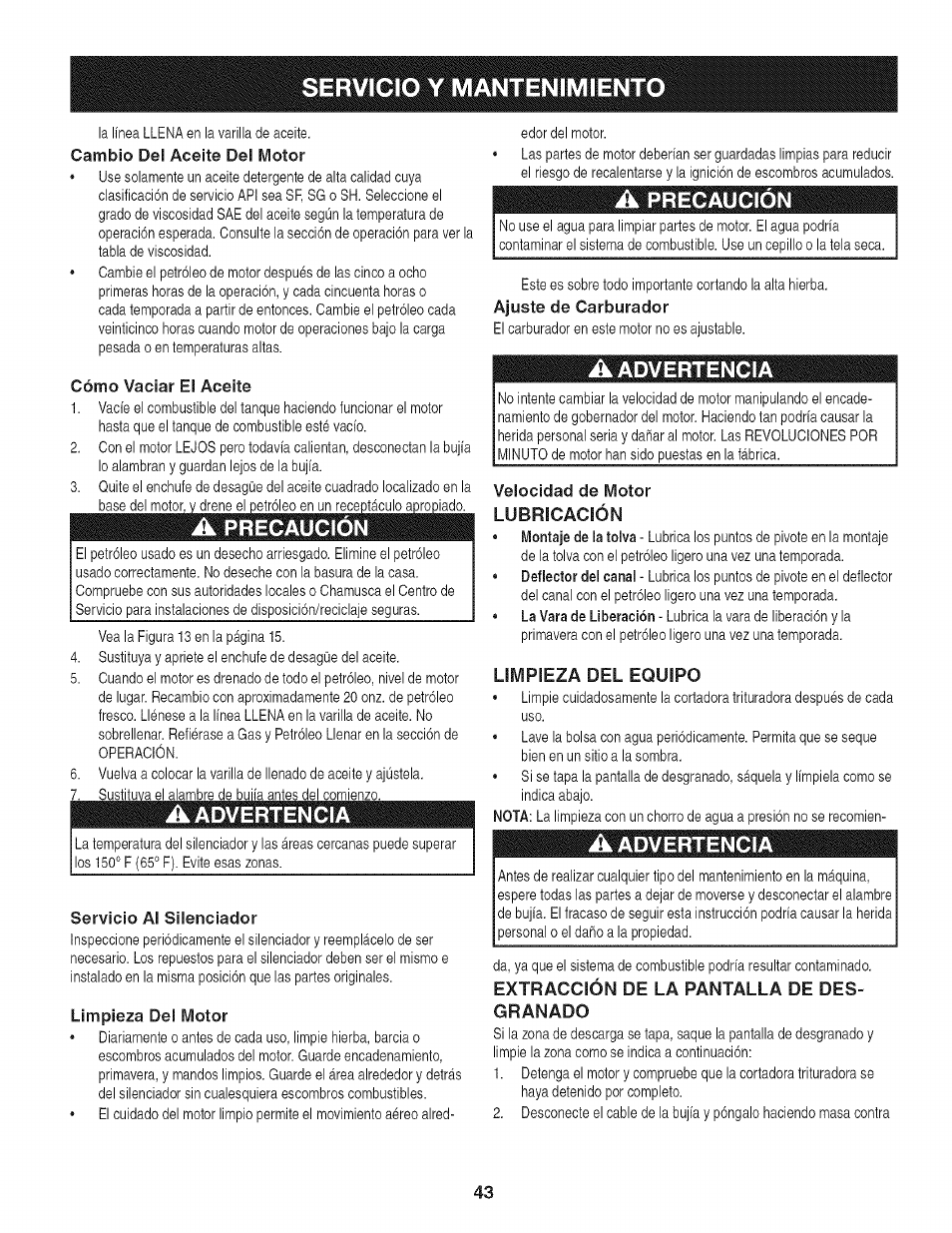 Servicio y mantenimiento, A precaucion, A advertencia | Precaucion, Advertencia | Craftsman 247.776370 User Manual | Page 43 / 52