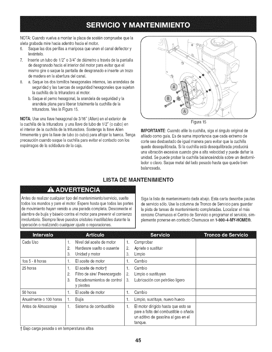 Servicio y mantenimiento, A advertencia | Craftsman 247.776370 User Manual | Page 45 / 52