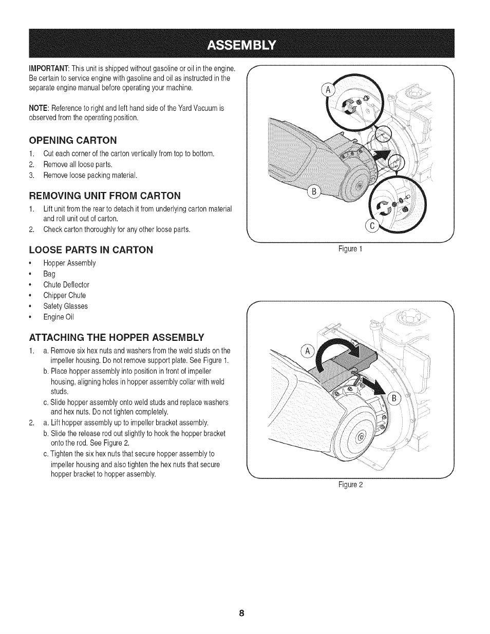 Opening carton, Removing unit from carton, Loose parts in carton | Attaching the hopper assembly, Assembly | Craftsman 247.776370 User Manual | Page 8 / 52