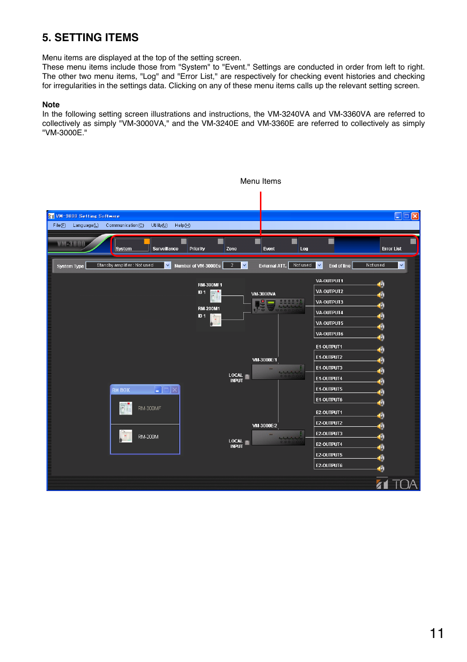 Setting items | Toa VM-3000 Series User Manual | Page 11 / 90