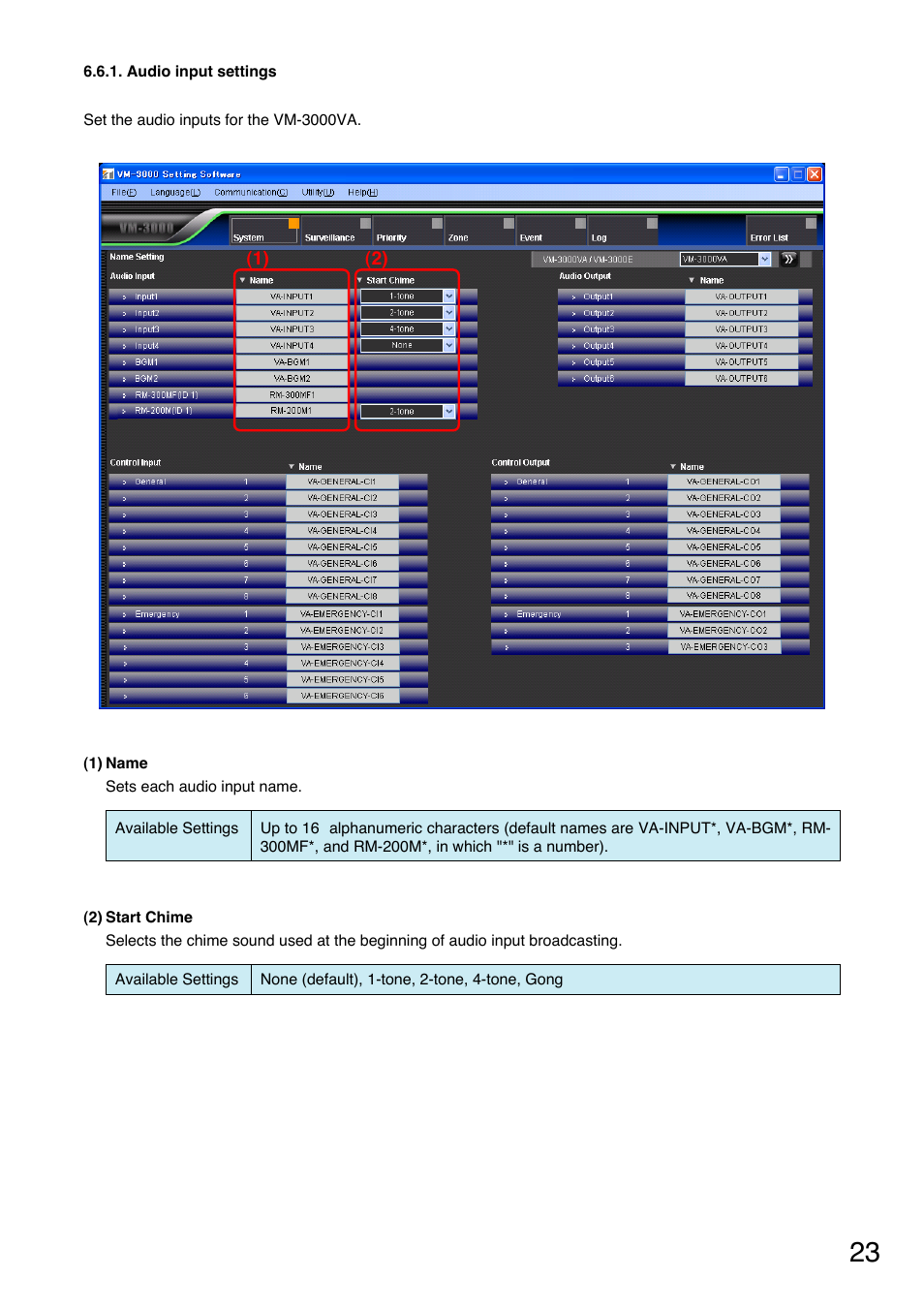 Audio input settings, Audio input setting (p. 23) | Toa VM-3000 Series User Manual | Page 23 / 90