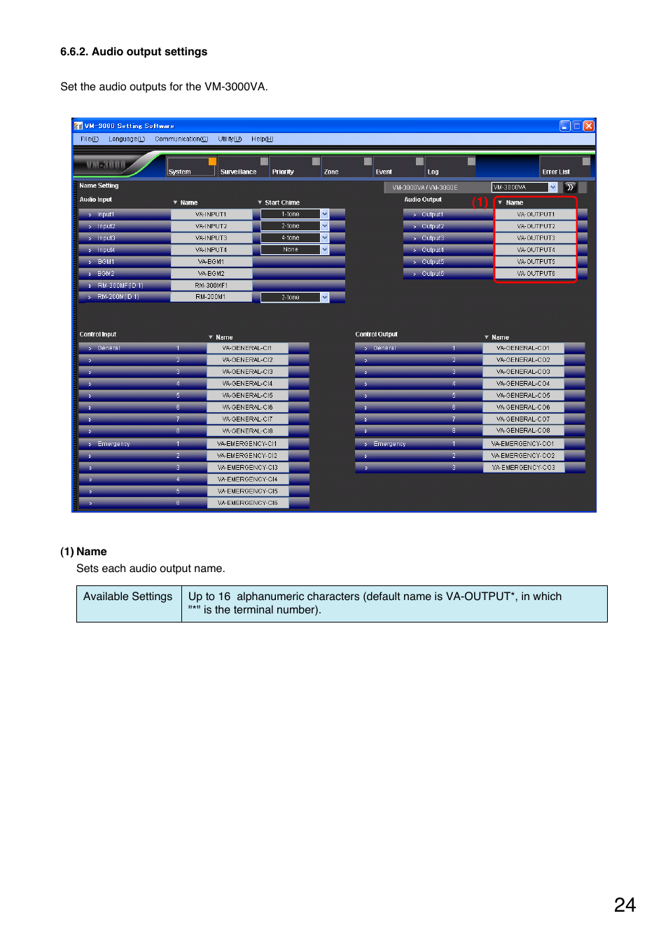 Audio output settings, Audio output setting (p. 24) | Toa VM-3000 Series User Manual | Page 24 / 90