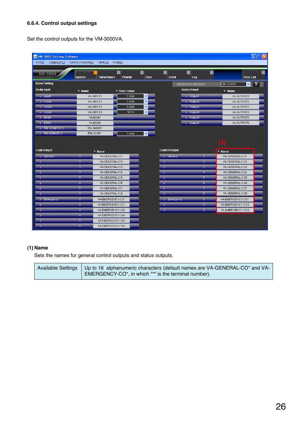 Control output settings, Control output setting (p. 26) | Toa VM-3000 Series User Manual | Page 26 / 90