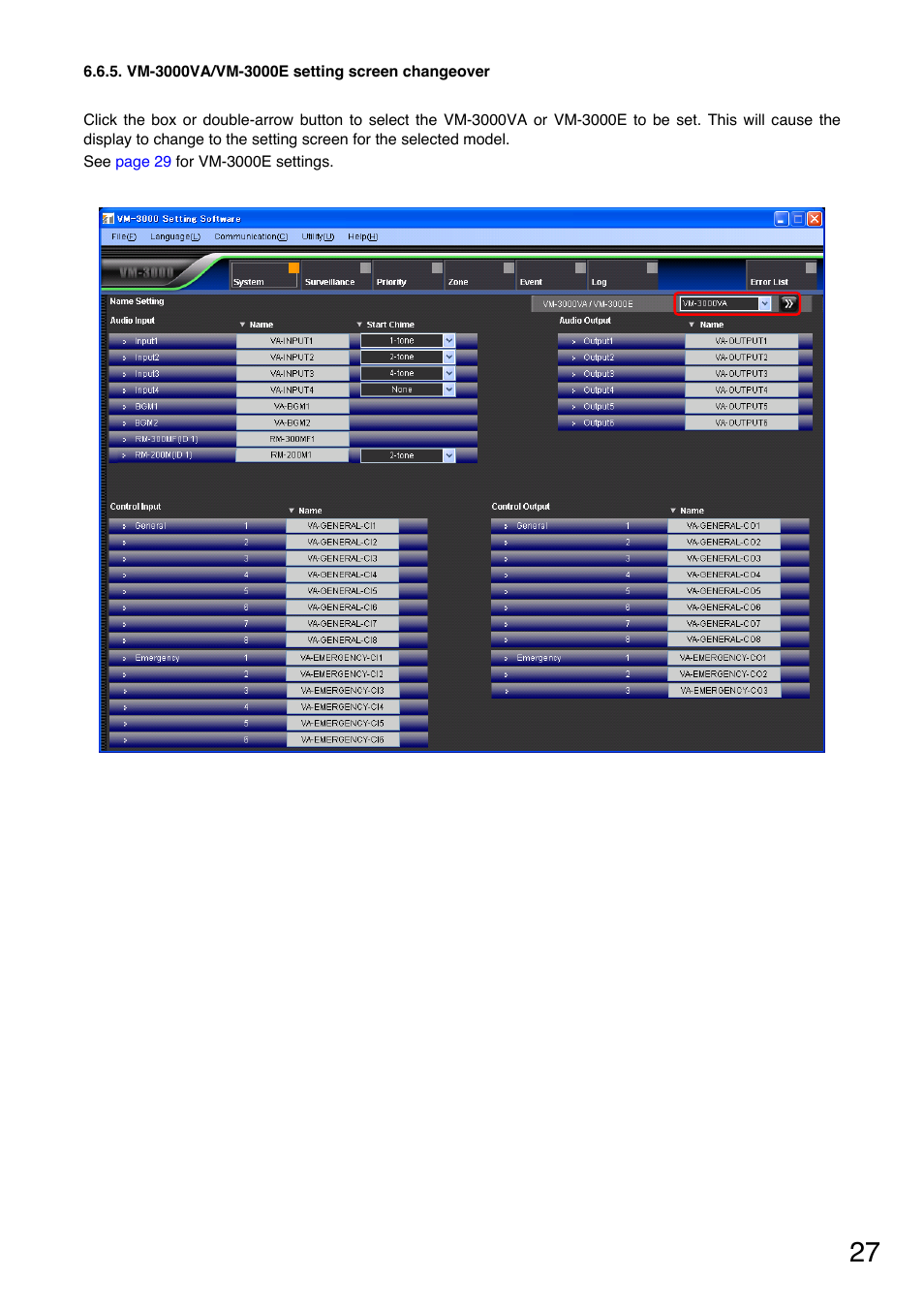 Vm-3000va/vm-3000e setting screen changeover | Toa VM-3000 Series User Manual | Page 27 / 90