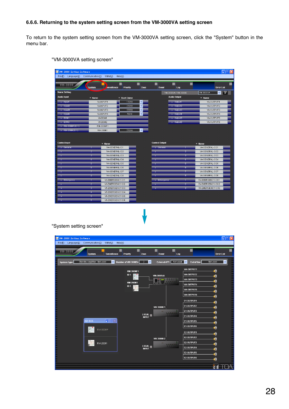 Returning to the system setting screen from the, Vm-3000va setting screen | Toa VM-3000 Series User Manual | Page 28 / 90