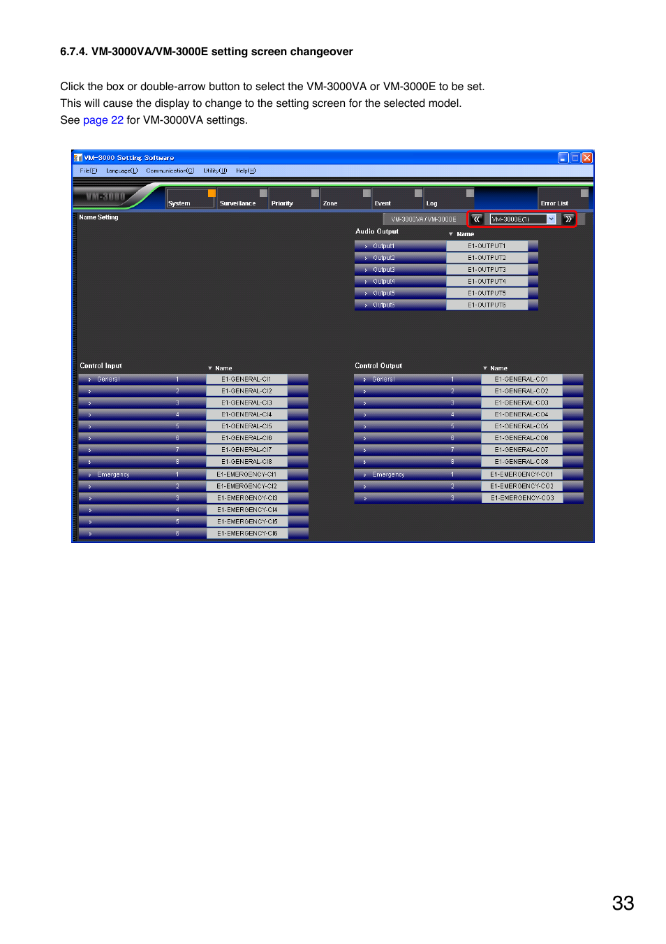 Vm-3000va/vm-3000e setting screen changeover | Toa VM-3000 Series User Manual | Page 33 / 90
