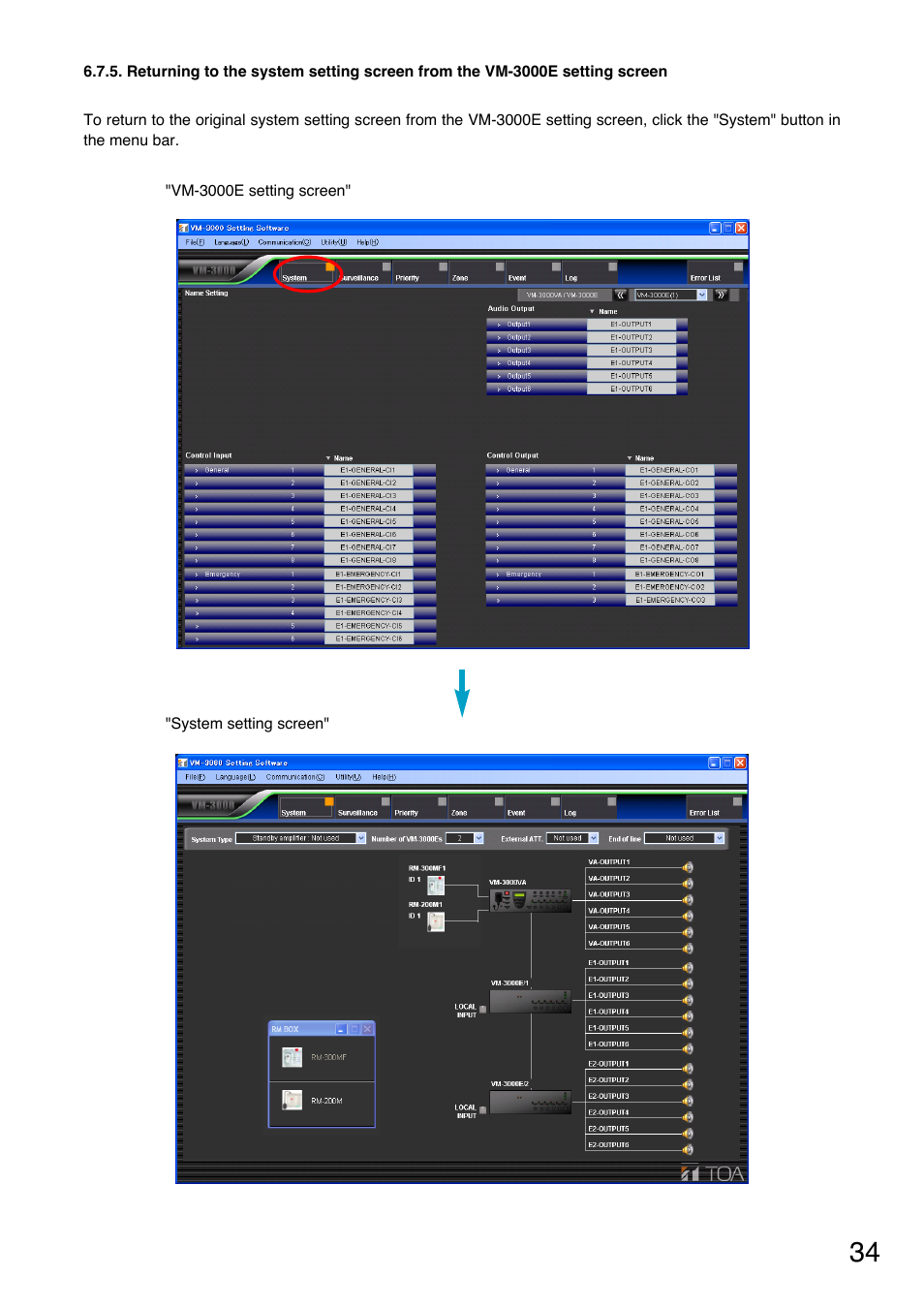 Returning to the system setting screen from the, Vm-3000e setting screen | Toa VM-3000 Series User Manual | Page 34 / 90