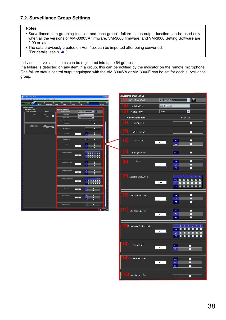 Surveillance group settings, P. 38), Surveillance group settings (see | P. 38 | Toa VM-3000 Series User Manual | Page 38 / 90