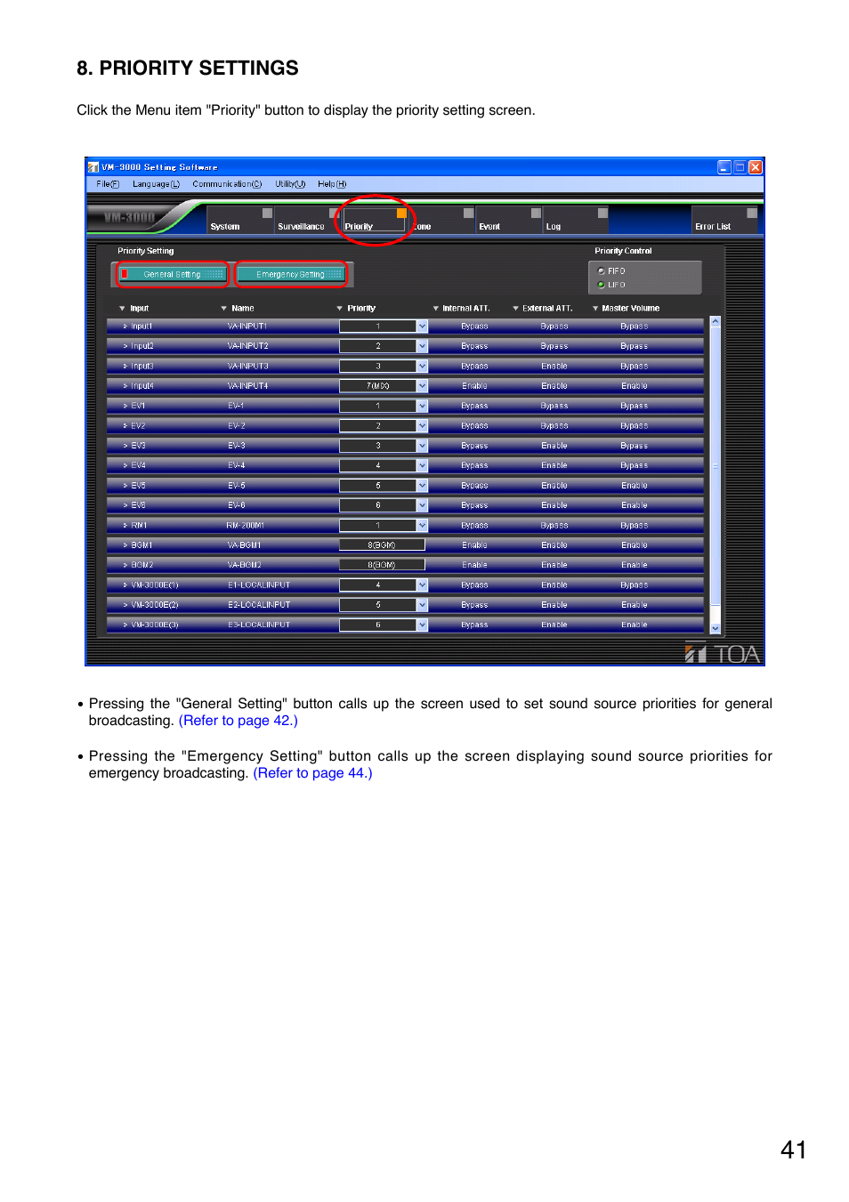 Priority settings, P. 41), Priority setting | Refer to p. 41 | Toa VM-3000 Series User Manual | Page 41 / 90