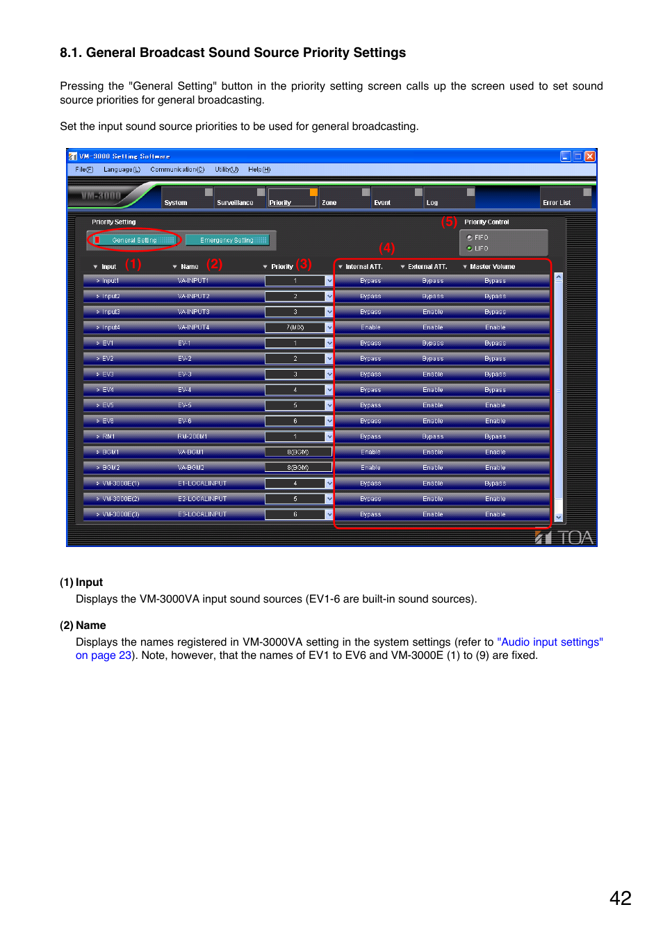 General broadcast sound source priority settings, P. 42) | Toa VM-3000 Series User Manual | Page 42 / 90