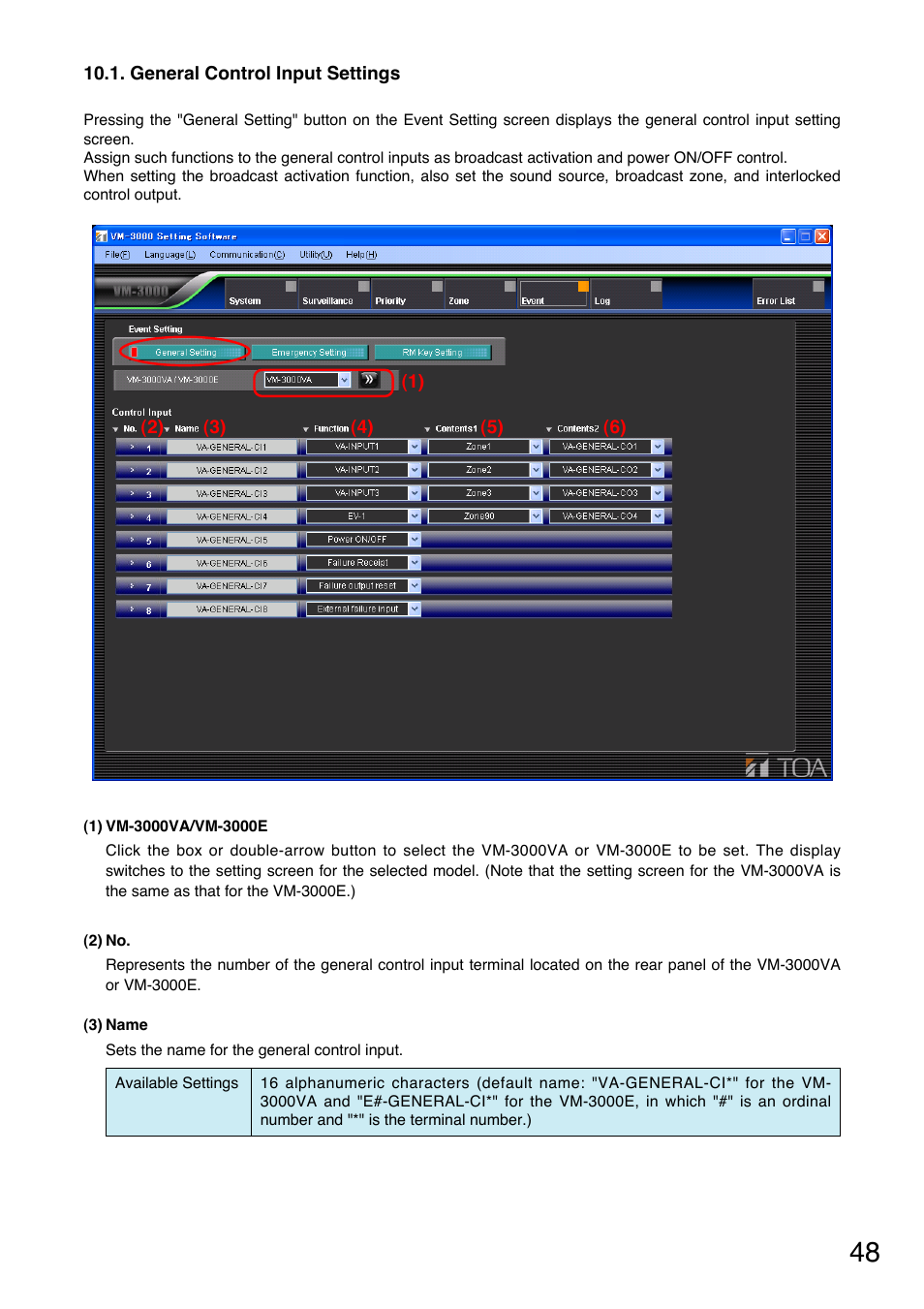 General control input settings, P. 48) | Toa VM-3000 Series User Manual | Page 48 / 90