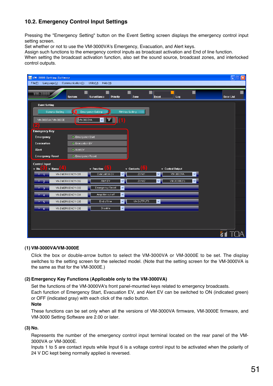 Emergency control input settings, P. 51), Emergency control input settings.) | Toa VM-3000 Series User Manual | Page 51 / 90