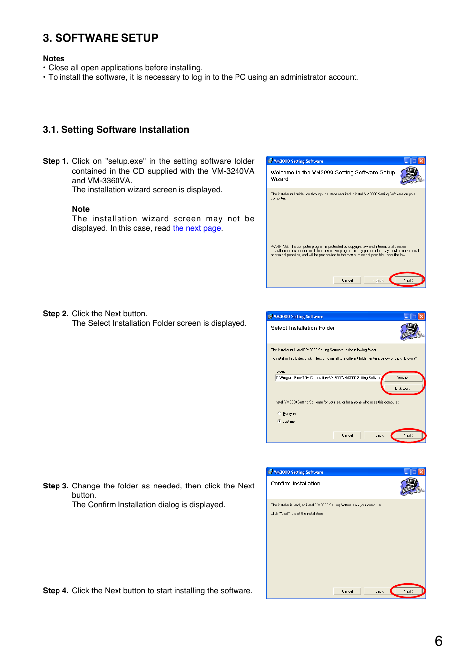 Software setup, Setting software installation | Toa VM-3000 Series User Manual | Page 6 / 90