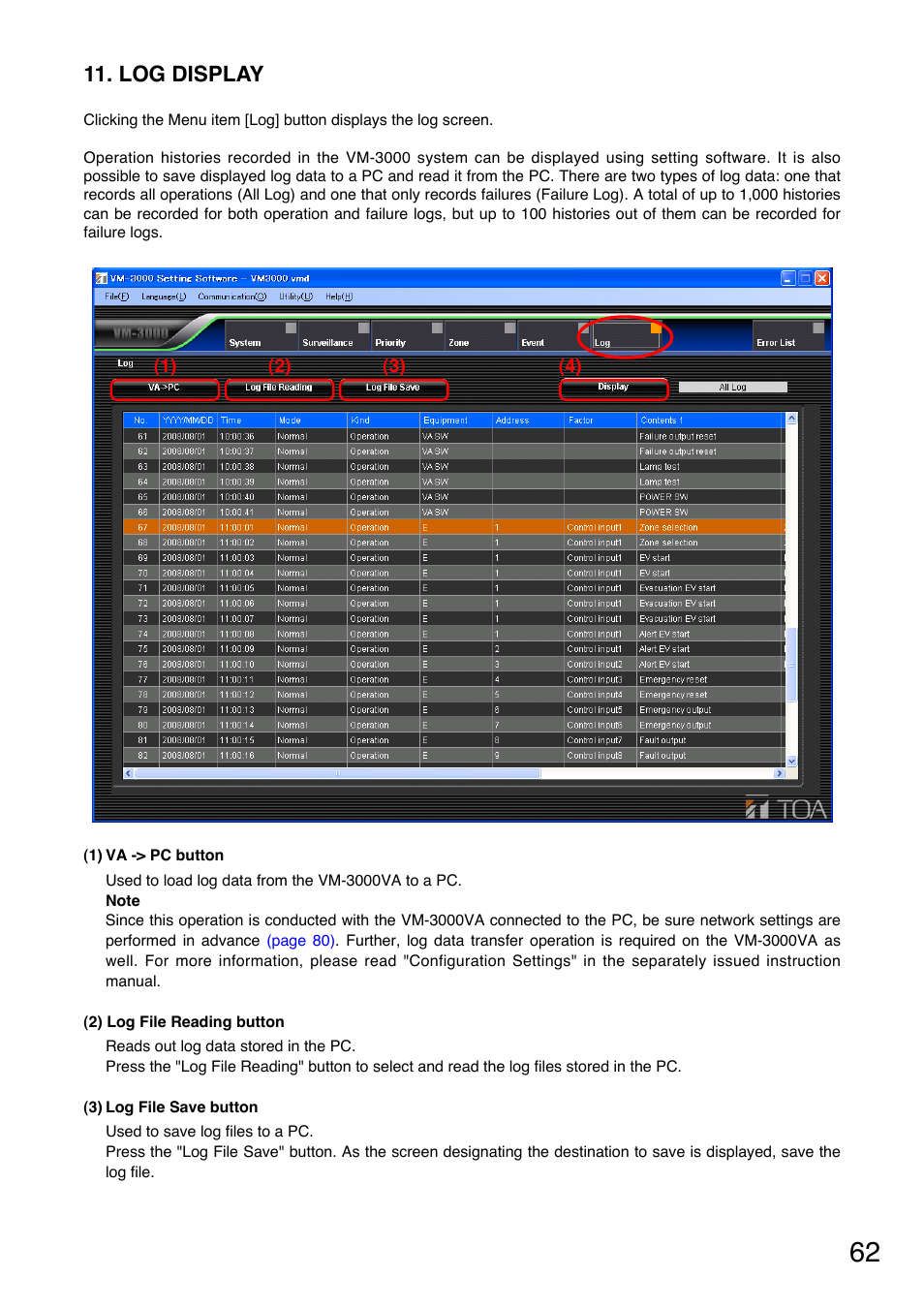 Log display, P. 62) | Toa VM-3000 Series User Manual | Page 62 / 90