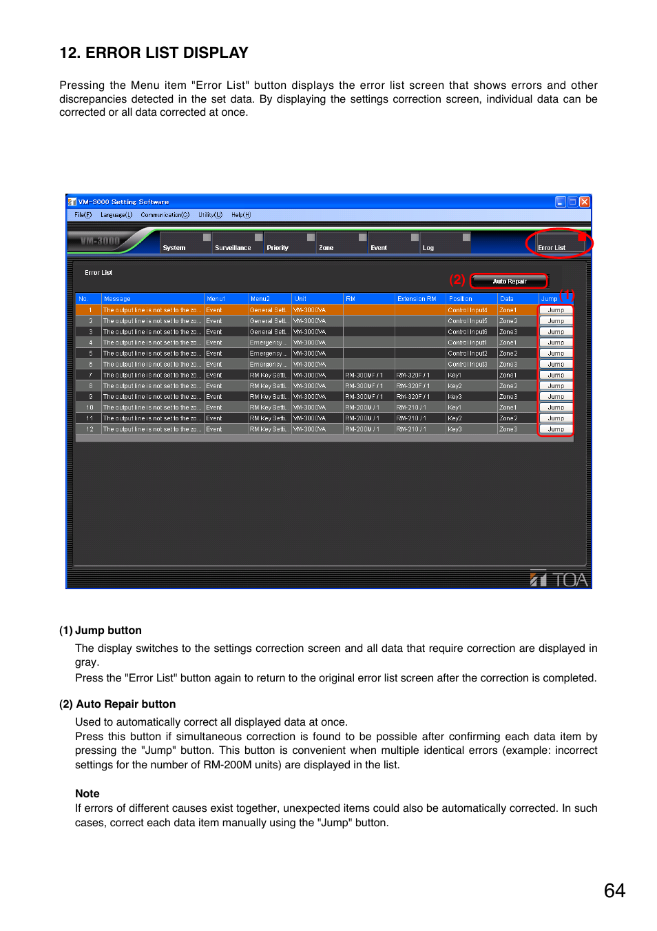 Error list display, P. 64) | Toa VM-3000 Series User Manual | Page 64 / 90