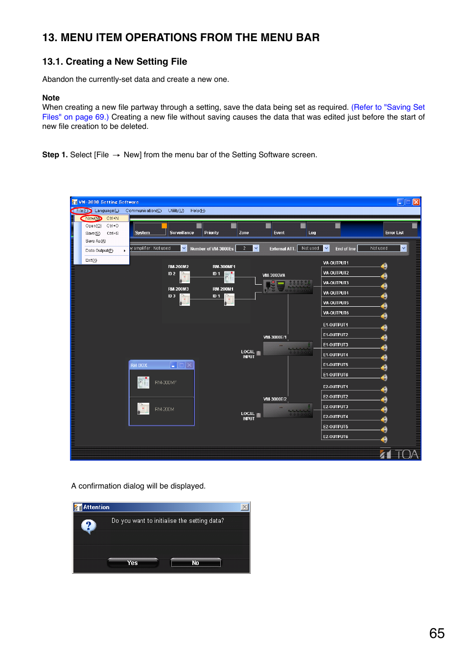 Menu item operations from the menu bar, Creating a new setting file | Toa VM-3000 Series User Manual | Page 65 / 90