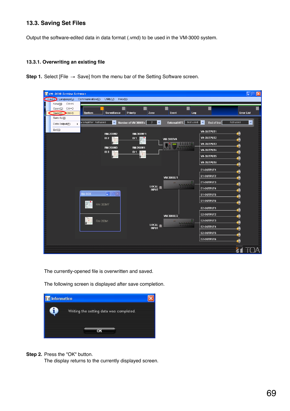 Saving set files, Overwriting an existing file | Toa VM-3000 Series User Manual | Page 69 / 90