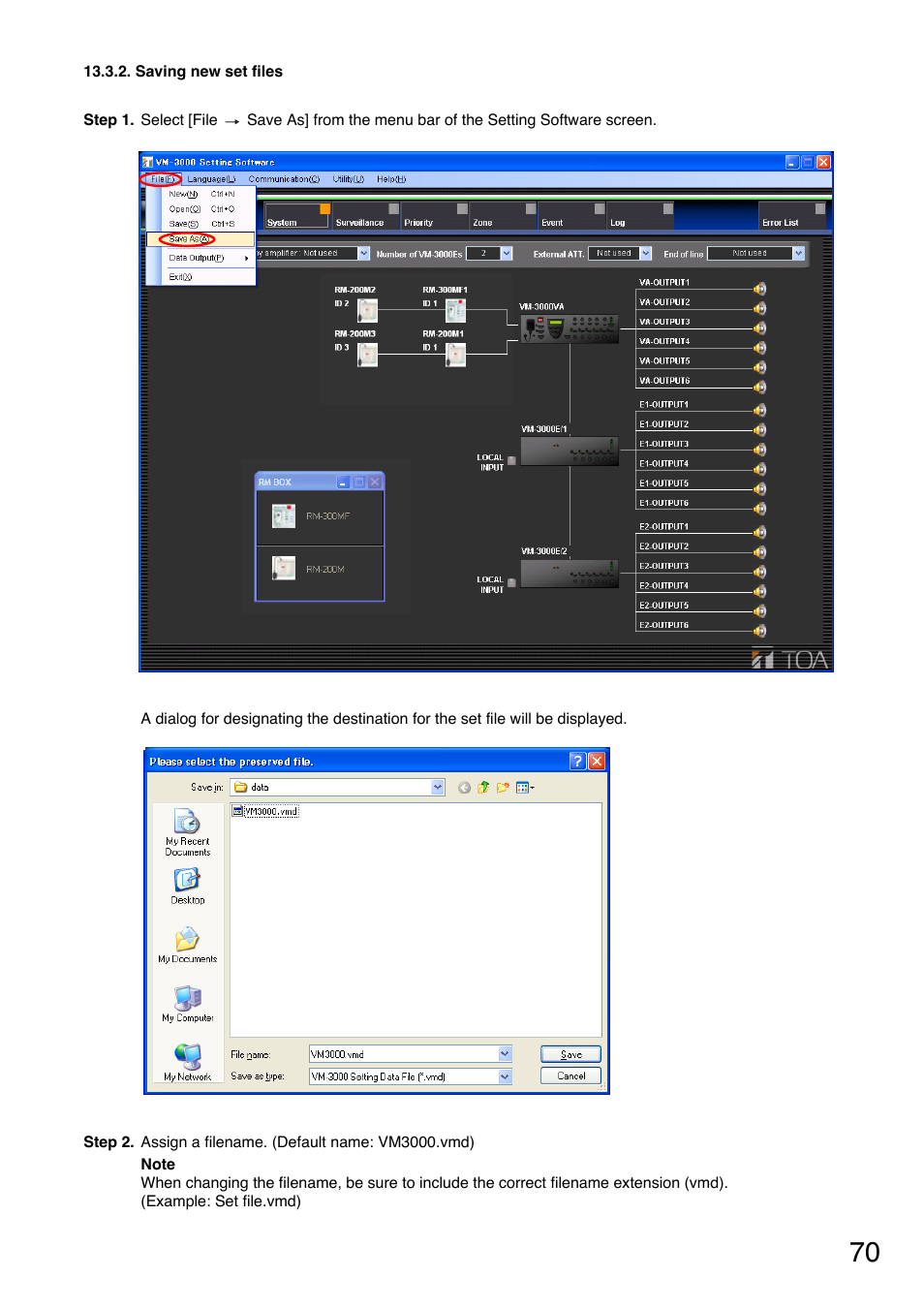 Saving new set files | Toa VM-3000 Series User Manual | Page 70 / 90