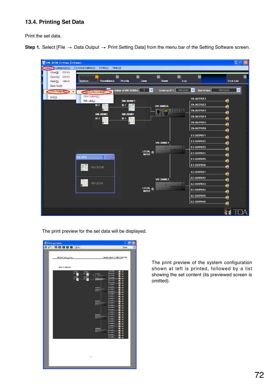 Printing set data | Toa VM-3000 Series User Manual | Page 72 / 90