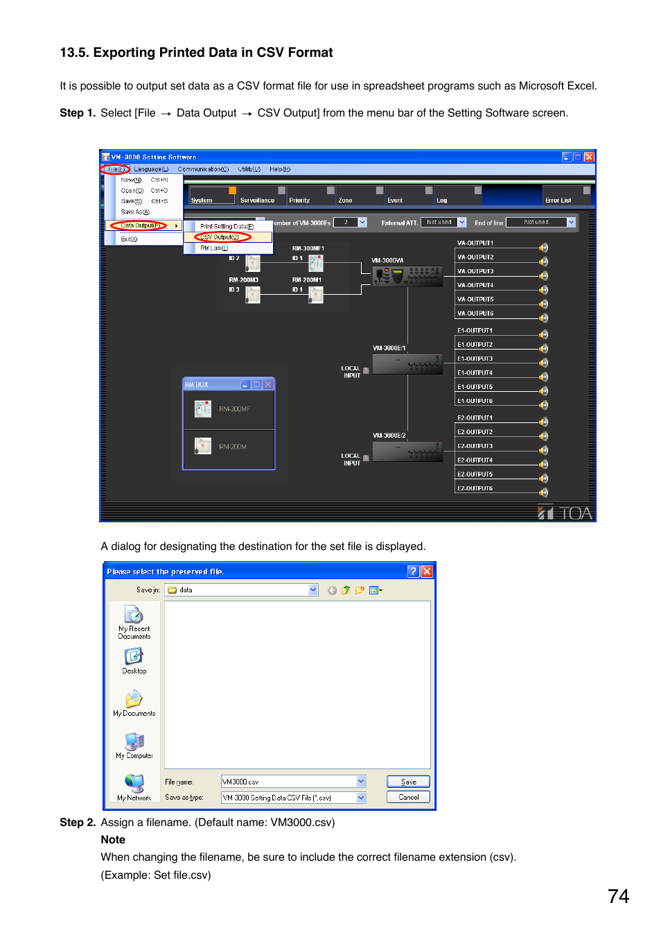 Exporting printed data in csv format | Toa VM-3000 Series User Manual | Page 74 / 90