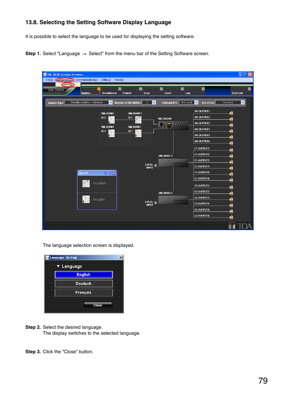 Selecting the setting software display language | Toa VM-3000 Series User Manual | Page 79 / 90