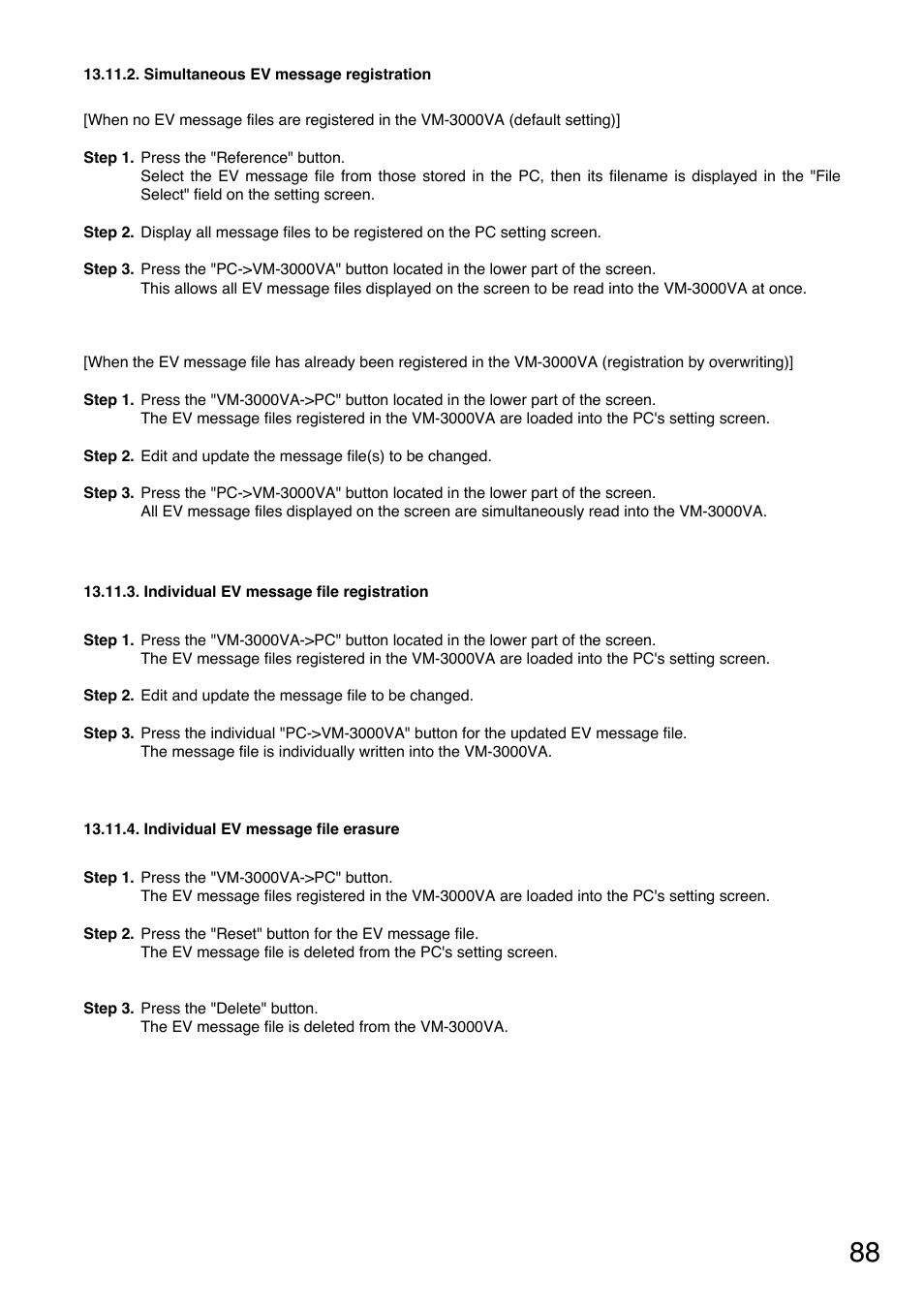Simultaneous ev message registration, Individual ev message file registration, Individual ev message file erasure | Toa VM-3000 Series User Manual | Page 88 / 90