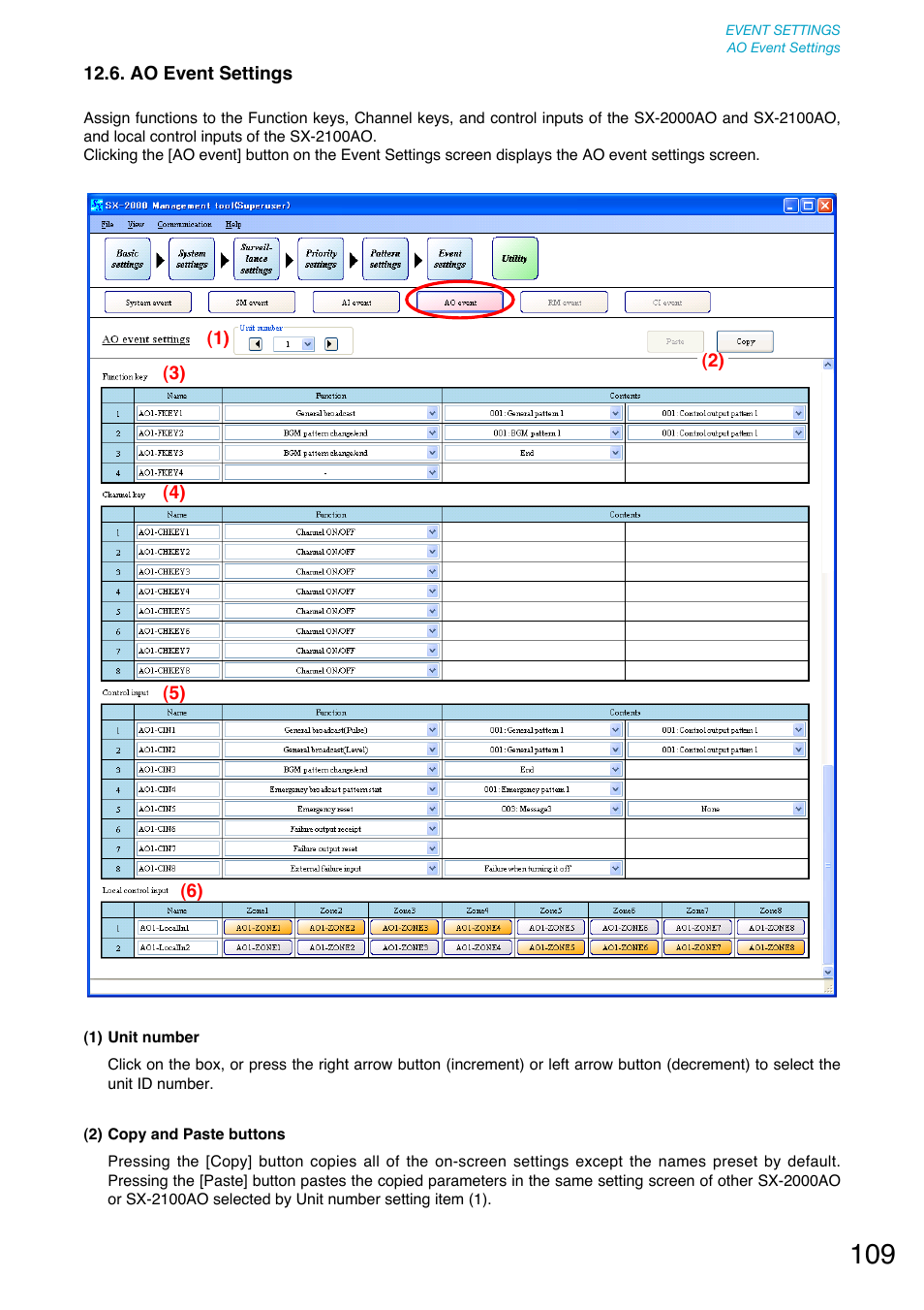 Ao event settings, P. 109), Sx-2000ao and sx-2100ao. (refer to | P. 109 | Toa SX-2000 Series User Manual | Page 109 / 180